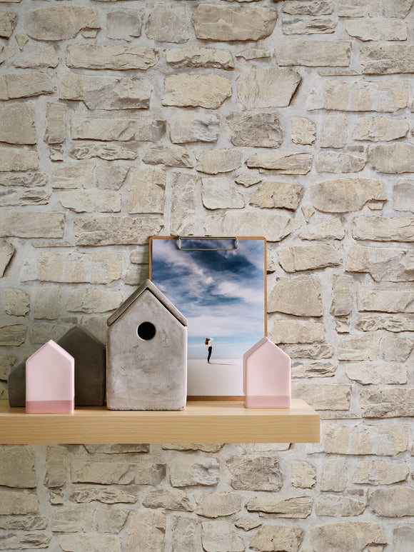 Papier peint aspect pierre carrelage Profhome 363703-GU papier peint intissé lisse avec un dessin nature mat beige jaune 5,33 m2