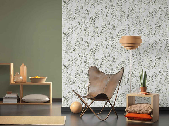 Papier peint floral Profhome 367123-GU papier peint intissé légèrement texturé avec des ornements floraux mat vert blanc 5,33 m2