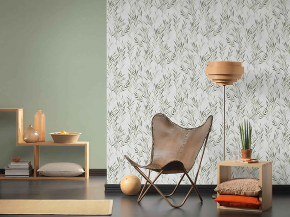 Papier peint floral Profhome 367123-GU papier peint intissé légèrement texturé avec des ornements floraux mat vert blanc 5,33 m2