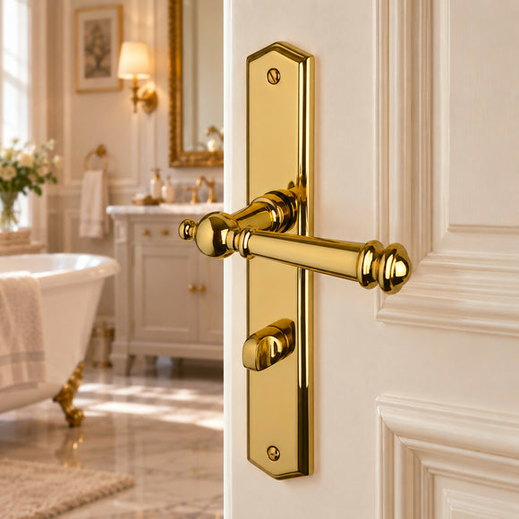 2 poignées de porte ATTILA, Verrou de condamnation pour salles de bain/WC, Finition laiton poli doré, Entraxe standard 195 mm