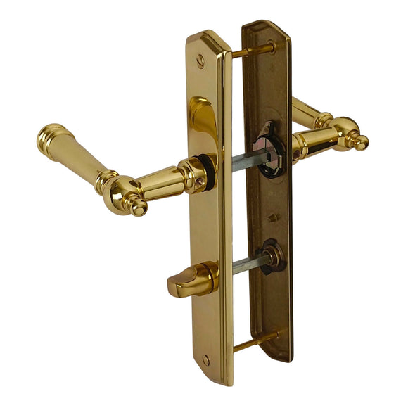 2 poignées de porte ATTILA, Verrou de condamnation pour salles de bain/WC, Finition laiton poli doré, Entraxe standard 195 mm