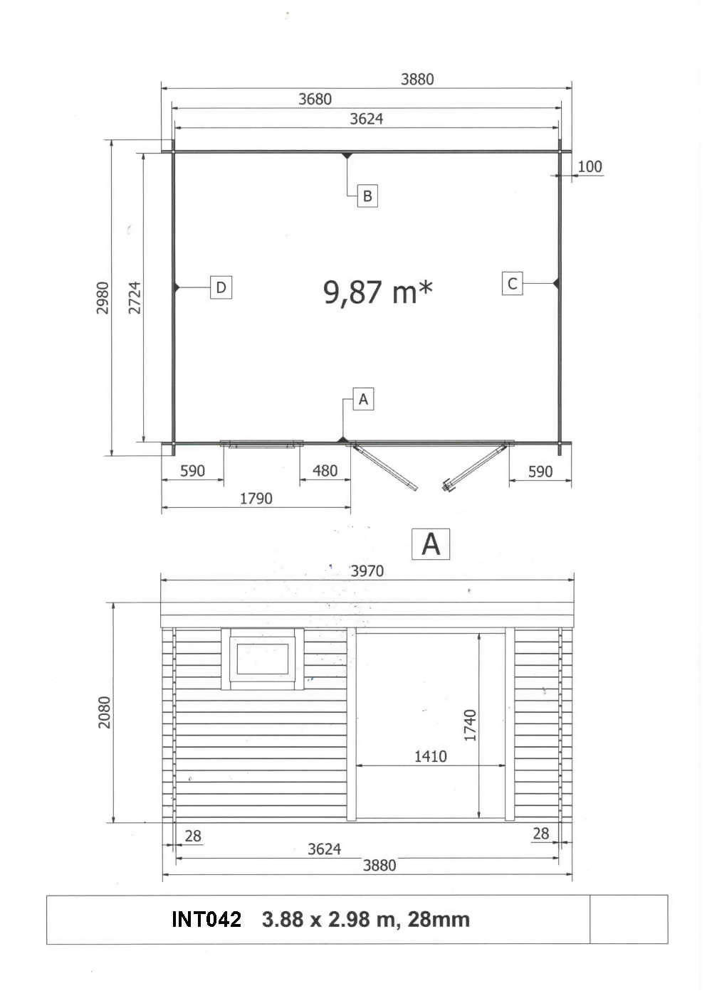 Abri de jardin en bois traité autoclave surface utile 99m² 388 x 298 x 235cm 28mm int042/ ineksa