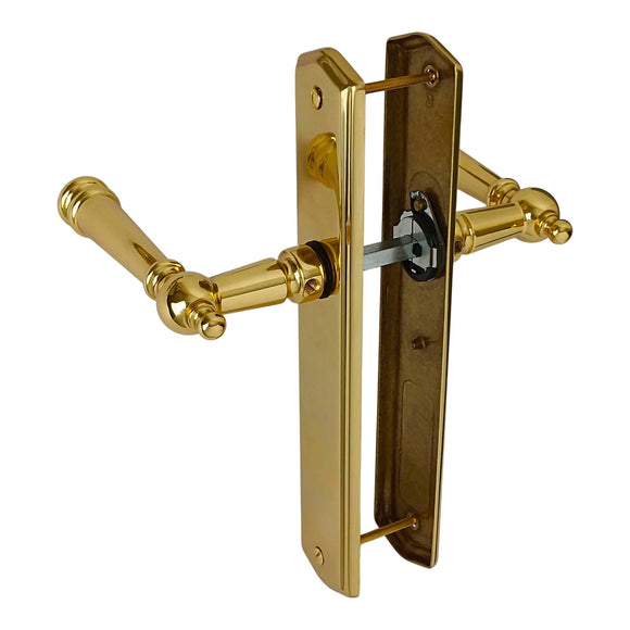 2 poignées de porte LUXOR, Sans trou pour pièce à vivre, Finition laiton poli doré, Entraxe standard 195 mm