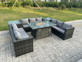 Fimous Mobilier De Jardin En Rotin Extérieur Foyer À Gaz Table À Manger Chauffage À Gaz Set Table D'appoint Gris Foncé Mixte 9 Places