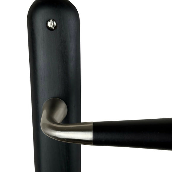 2 poignées de porte sur plaque CLEO, Entrée de clé pour chambre, Finition bois noir, Entraxe standard 195 mm