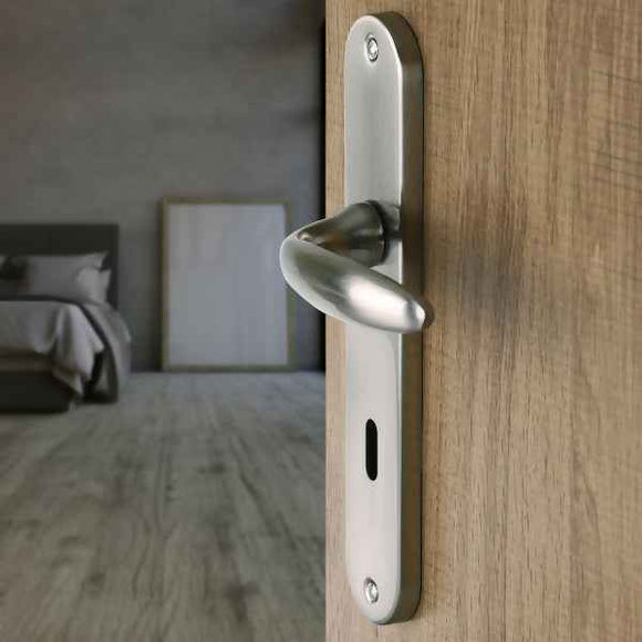 2 poignées de porte sur plaque CHAMBON, Entrée de clé pour chambre, Finition aluminium nickel mat, Entraxe standard 195 mm