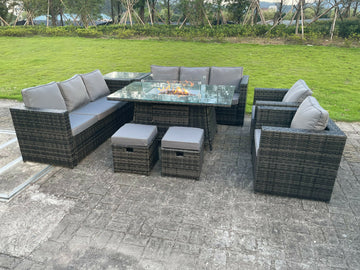 Fimous 10 Places Extérieur En Rotin Meubles De Jardin Foyer à Gaz Table à Manger Chauffage à Gaz Chaise Longue Petit Tabouret Gris Foncé