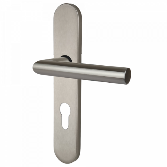2 poignées de porte universelles Dualfit sur plaque ronde BRUNELLA, Trou de cylindre - entrée - bureau - service, Finition Acier nickel mat bi-entraxe 165-195