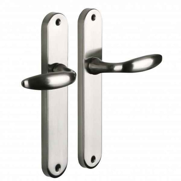 2 poignées de porte sur plaque CHAMBON, Sans trou pour pièce à vivre, Finition aluminium nickel mat, Entraxe standard 195 mm