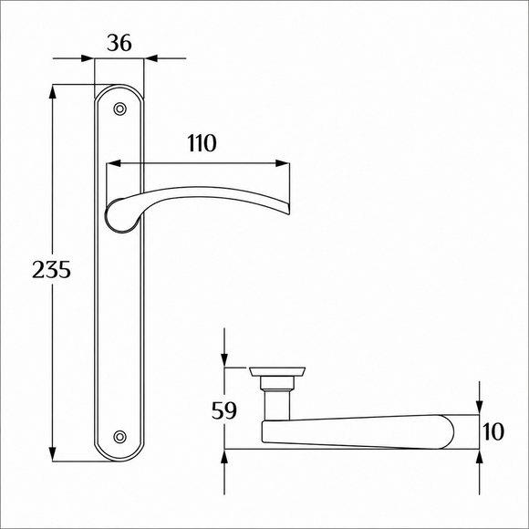 2 poignées de porte sur plaque EVA, Sans trou pour pièce à vivre, Finition aluminium blanc, Entraxe standard 195 mm