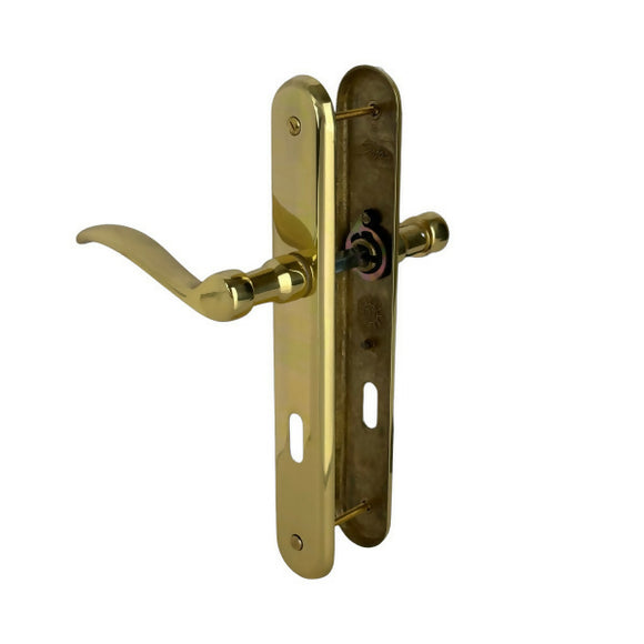 2 poignées de porte sur plaque AGATHE, Entrée de clé pour chambre, Finition laiton poli, Entraxe standard 195 mm
