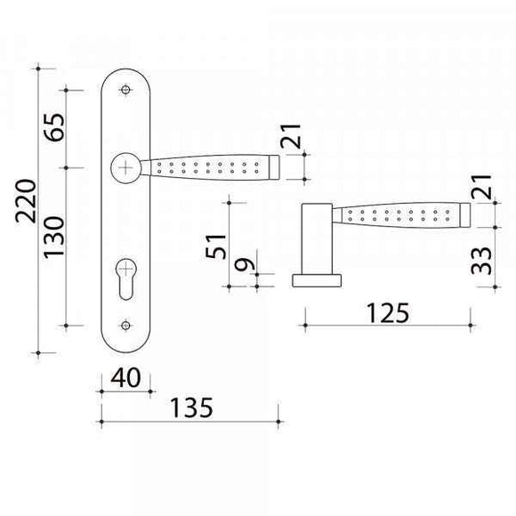 2 poignées de porte sur plaque CASUAL, Trou de cylindre - entrée - bureau, Finition aluminium nickel mat, Entraxe standard 195 mm