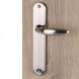2 poignées de porte sur plaque CHAMBON, Sans trou pour pièce à vivre, Finition aluminium nickel mat, Entraxe standard 195 mm