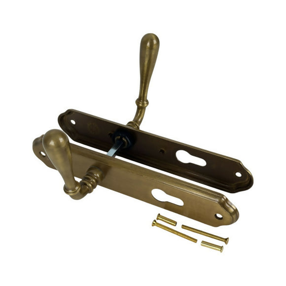 2 poignées de porte sur plaque CARINA, Trou de cylindre - entrée - bureau - service, Finition laiton patiné, Entraxe standard 195 mm