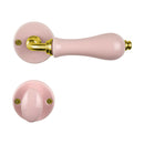 2 poignées sur rosaces rondes LIZON, Verrou de condamnation pour salle de bain/WC, Porcelaine rose, Finition coude en Laiton poli doré
