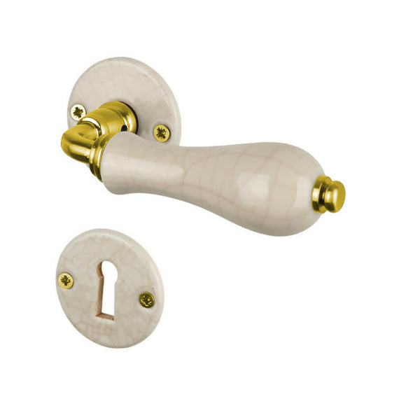 2 poignées sur rosaces rondes LIZON, Entrée de clé pour chambre, Porcelaine beige craquelé, finition coude en Laiton poli doré