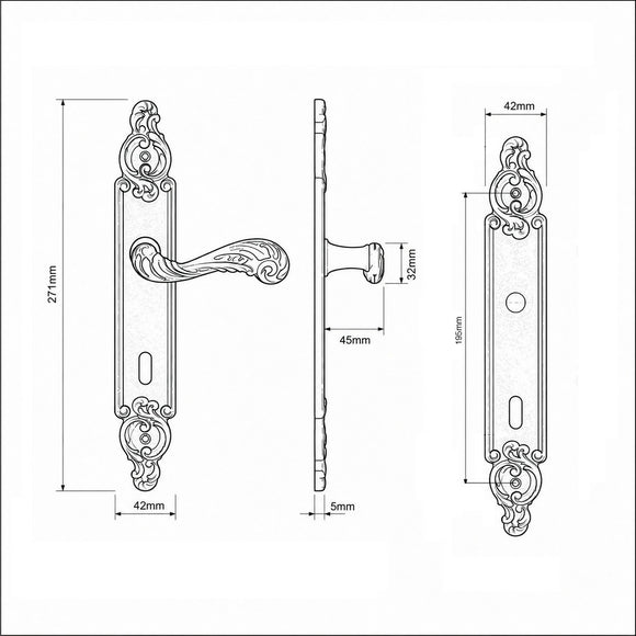 Schéma technique de 2 poignées de porte sur plaque SULLY, Entrée de clé pour chambre, Finition laiton patiné aspect vieilli, Entraxe standard 195 mm