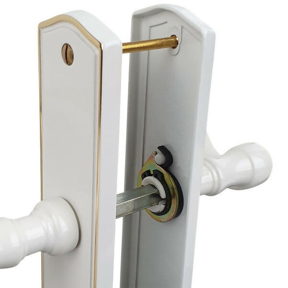 2 poignées de porte sur plaque EVITA, Entrée de clé pour chambre, Finition laiton blanc liseré doré, Entraxe standard 195 mm