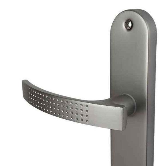 2 poignées de porte sur plaque AUDACE, Sans trou pour pièce à vivre, Finition aluminium nickel mat, Entraxe standard 195 mm