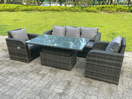 Fimous Rotin Mobilier De Jardin Extérieur Ascenseur Réglable Table À Manger Ou Table Basse Ensemble Salon Canapé Chaise Longue 5 Places - 0