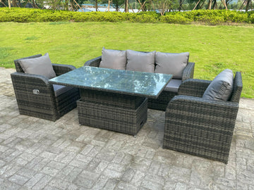 Fimous Rotin Mobilier De Jardin Extérieur Ascenseur Réglable Table À Manger Ou Table Basse Ensemble Salon Canapé Chaise Longue 5 Places - 0