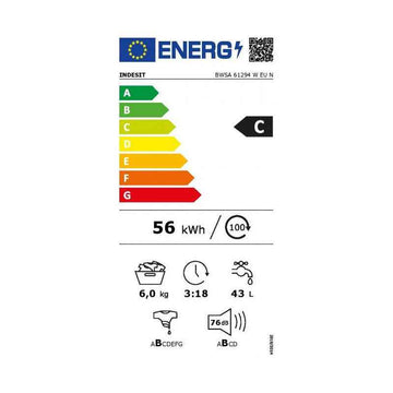 INDESIT | Washing machine | BWSA 61294 W EU N | Energy efficiency class C | Front loading | Washing capacity 6 kg | 1151 RPM | Depth 42.5 cm | Width 59.5 cm | Display | Big Digit | White