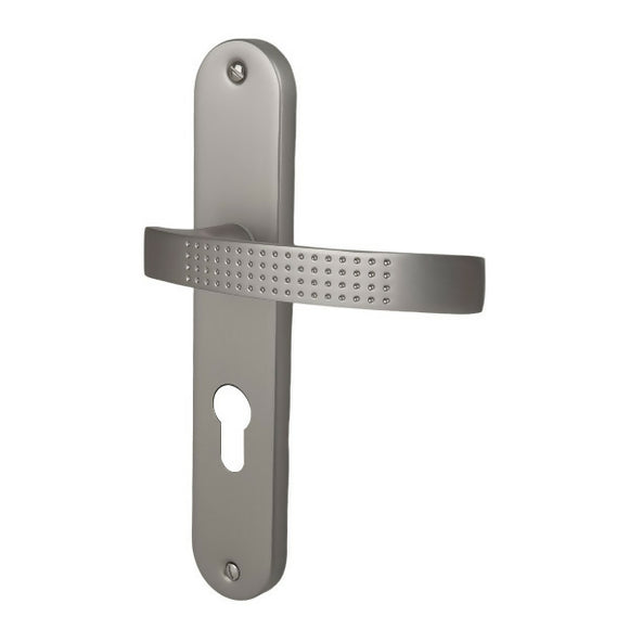 2 poignées de porte sur plaque AUDACE, Trou de cylindre - entrée - bureau, Finition aluminium nickel mat, Entraxe standard 195 mm