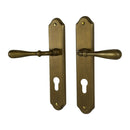 2 poignées de porte sur plaque CARINA, Trou de cylindre - entrée - bureau - service, Finition laiton patiné, Entraxe standard 195 mm