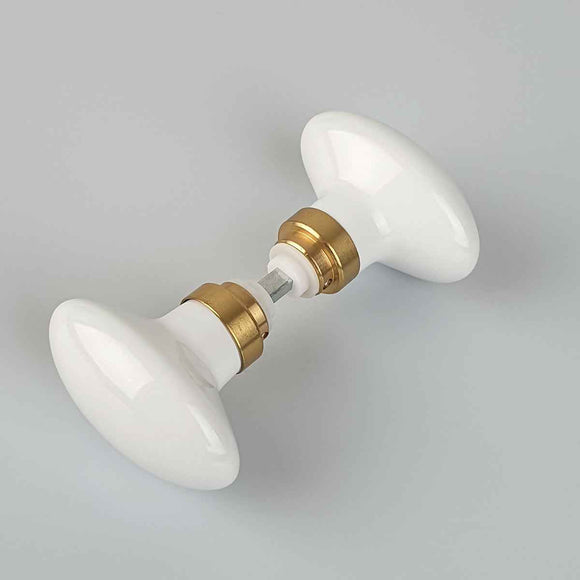2 boutons de porte style Classique Chic en Porcelaine blanc avec Embase dorée, Carré 6 et 7 mm, modèle OLIVE