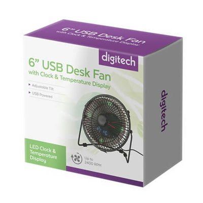 Digitech USB Desk Fan with Clock & Temperature 6" - 0
