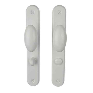 2 poignées de porte sur plaque CHIC, Verrou de condamnation pour salle de bain/WC, Aluminium blanc RAL 9016, Entraxe 195 mm