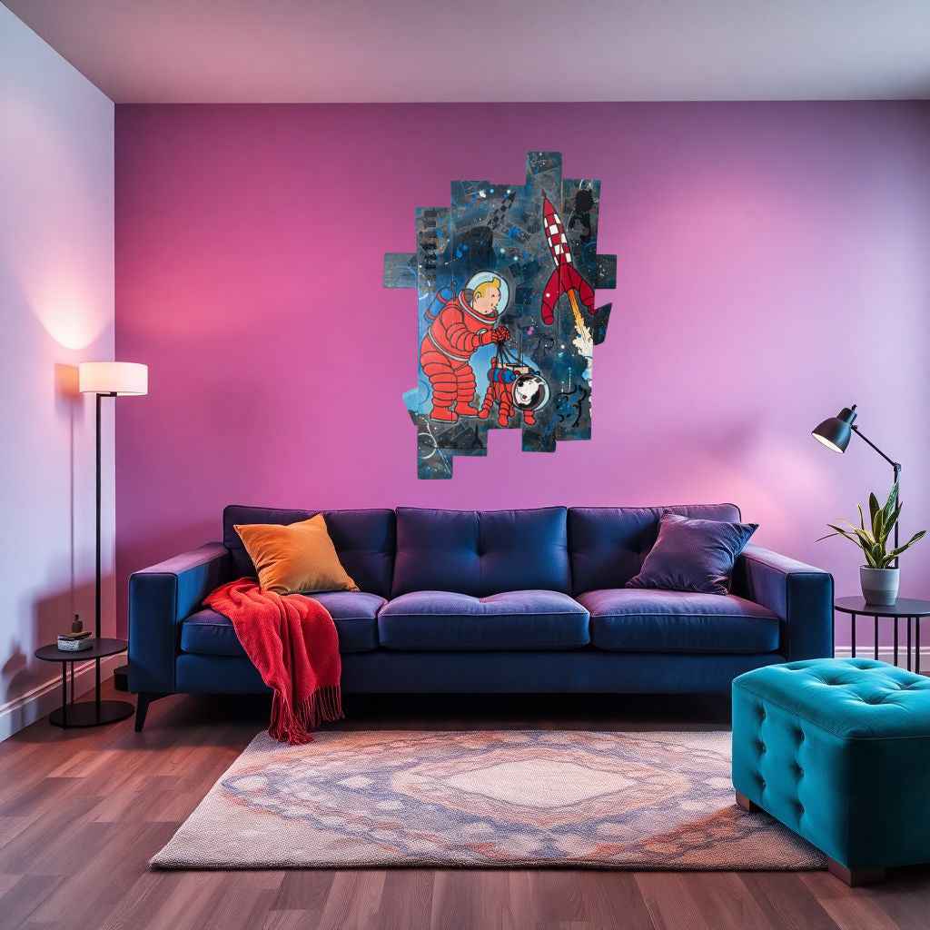Tableau Pop art Tintin et Milou fusée