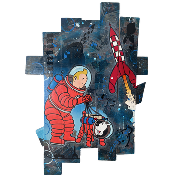 Tableau Tintin Milou pop art, œuvre unique représentant Tintin et Milou en astronautes avec une fusée.
