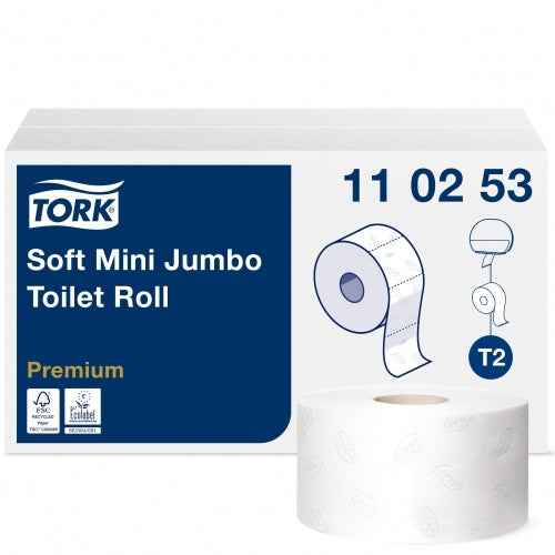 Papier toilette Tork PREMIUM MINI JUMBO T2 110253, 2 feuilles, 9,7 cm x 170 m, blanc, 12 pièces.