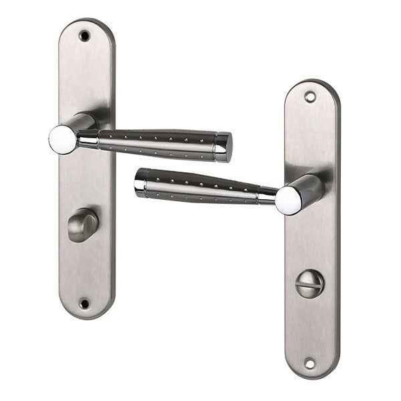 2 poignées de porte sur plaque CASUAL, Verrou condamnation pour salle de bain, Finition aluminium nickel mat, Entraxe standard 195 mm