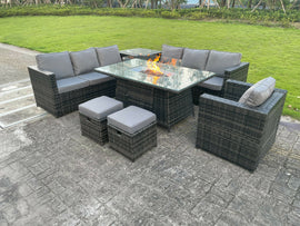 Fimous Mobilier De Jardin En Rotin Extérieur Foyer À Gaz Table À Manger Réchauffeur À Gaz Set Chaise Longue Petit Tabouret Gris Mélangé Foncé 9 Places