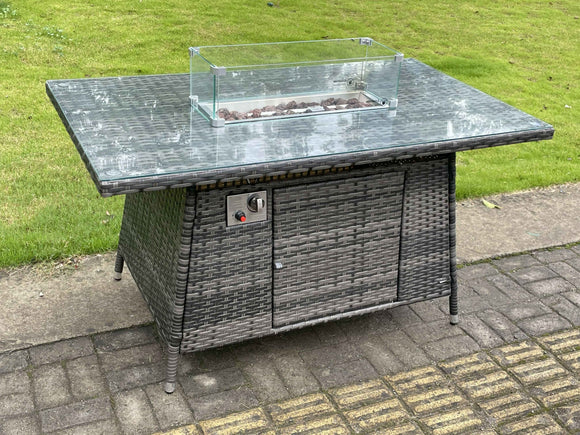 Fimous meubles de jardin en rotin extérieur foyer à gaz Table à manger Rectangle et chaises à manger 6 places