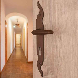 2 poignées de porte sur plaque CELTIQUE, Trou de cylindre - entrée - bureau - service, Finition acier aspect fer forgé rouille, Entraxe standard 195 mm