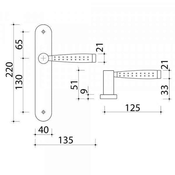 2 poignées de porte sur plaque CASUAL, Sans trou pour pièce à vivre, Finition aluminium nickel mat, Entraxe standard 195 mm