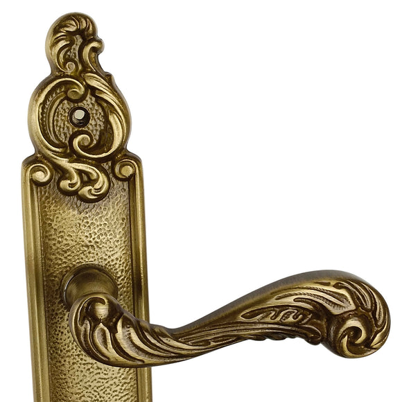 2 poignées de porte sur plaque SULLY, Sans trou pour pièce à vivre, Finition laiton patiné aspect vieilli, Entraxe standard 195 mm