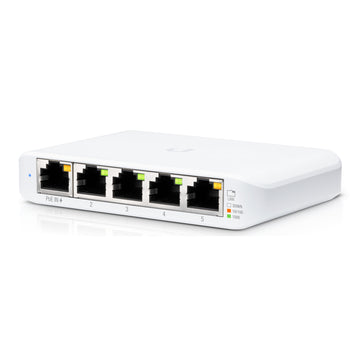 Ubiquiti flex mini ; 4 ports gbe ; 1 port d'entrée gbe poe pour l'alimentation ; alimentation en option avec adaptateur usb-c 5 v 1 a inclus.