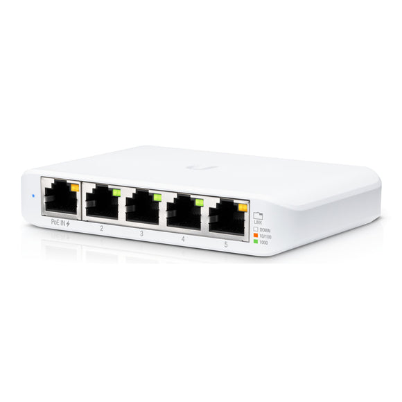 Ubiquiti flex mini ; 4 ports gbe ; 1 port d'entrée gbe poe pour l'alimentation ; alimentation en option avec adaptateur usb-c 5 v 1 a inclus.