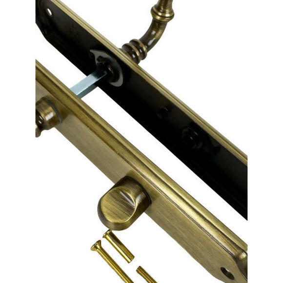 2 poignées de porte sur plaque CARINA, Verrou de condamnation pour salle de bain/WC, Finition laiton patiné, Entraxe standard 195 mm