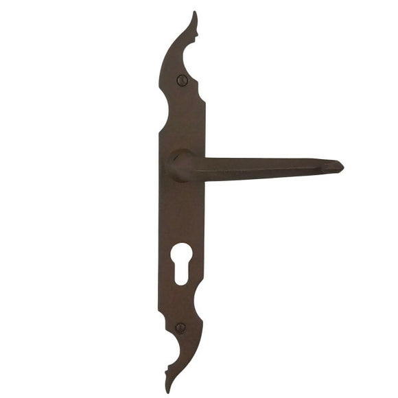 2 poignées de porte sur plaque CELTIQUE, Trou de cylindre - entrée - bureau - service, Finition acier aspect fer forgé rouille, Entraxe standard 195 mm