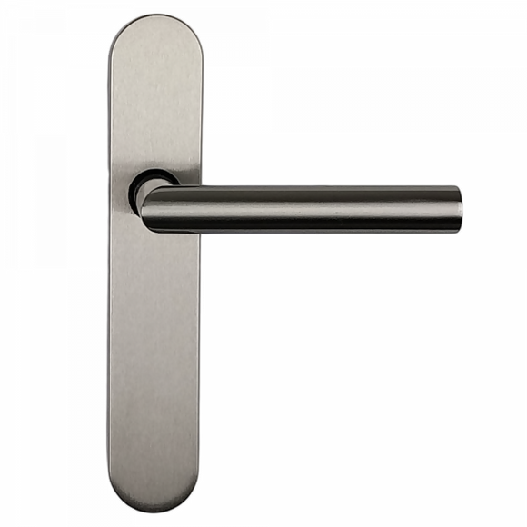 2 poignées de porte universelles Dualfit sur plaque ronde BRUNELLA, Sans trou pour pièce à vivre, Finition Acier nickel mat bi-entraxe 165-195