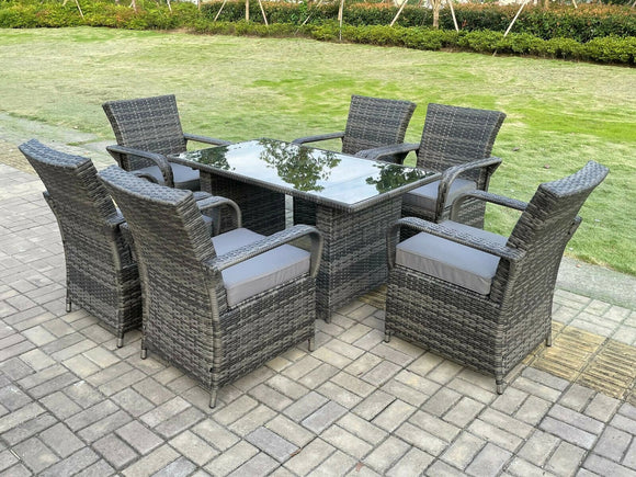 Fimous Rattan meubles de jardin table à manger et chaises Wicker patio extérieur 6 chaises plus table rectangulaire en verre trempé noir