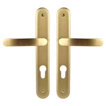 2 poignées de porte sur plaque VINTAGE, Trou de cylindre - entrée - bureau - service, Finition laiton doré satiné, Entraxe stand 195 mm