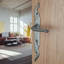 2 poignées de porte sur plaque fine CELTIQUE, Trou de cylindre - entrée - bureau - service, Finition acier aspect fer patiné rouille, Entraxe standard 195 mm