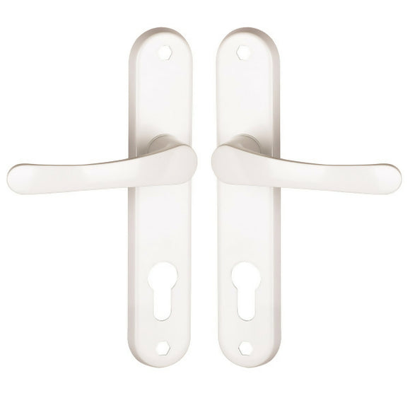 2 poignées de porte sur plaque CHAMROUSSE, Trou de cylindre - entrée - bureau - service, Finition aluminium blanc, Entraxe standard 165 mm