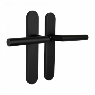 2 poignées de porte universelles Dualfit sur plaque ronde BRUNELLA, Sans trou pour pièce à vivre, Finition Acier noir mat bi-entraxe 165-195